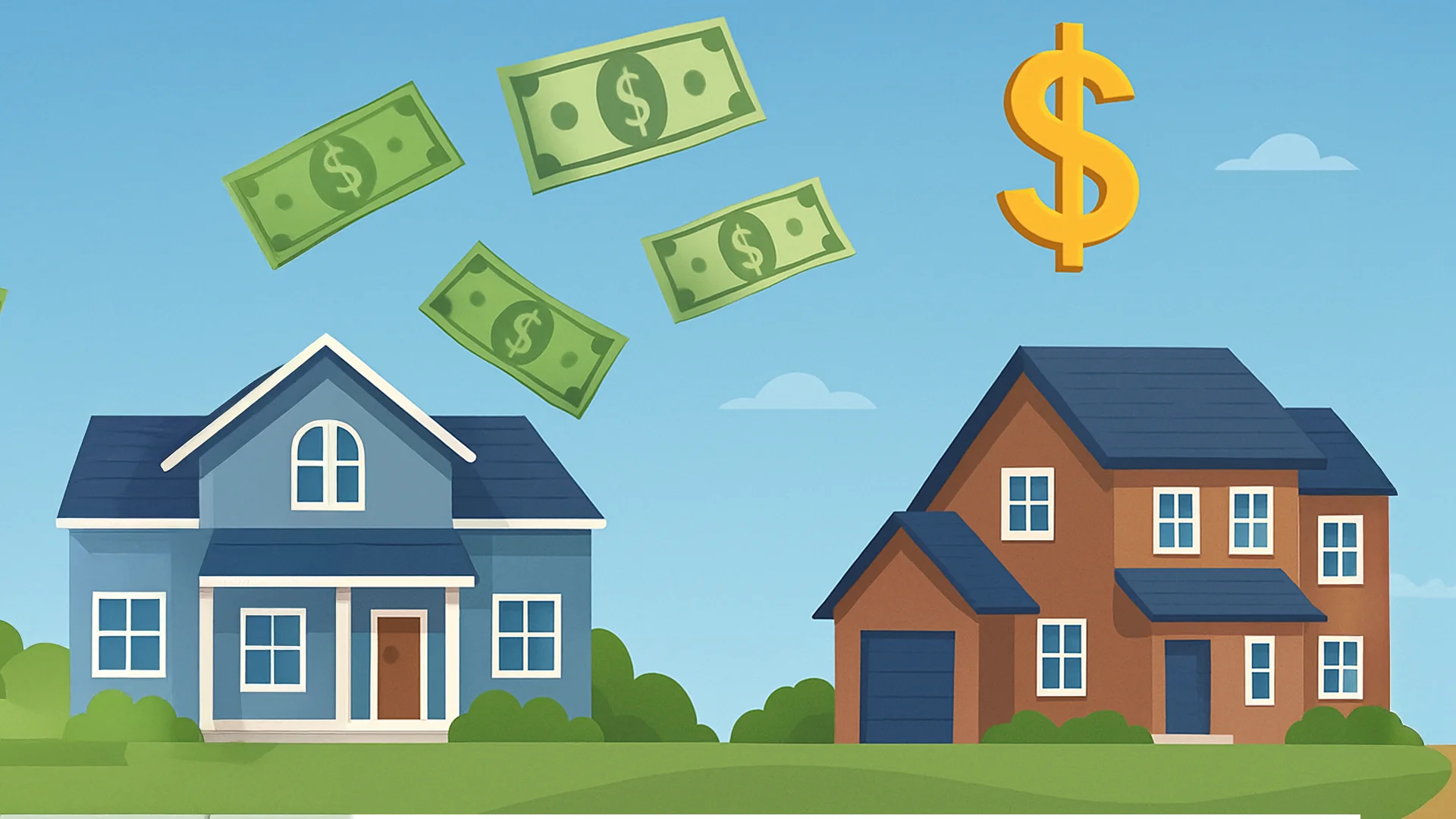 Illustrated portraits of Tom Crimmins Realty agents and licensed appraisers John Roda, Caryn O’gurek, and Jen Dattoli against a background of homes, dollar bills, and financial symbols, highlighting their dual expertise in real estate and property appraisals.