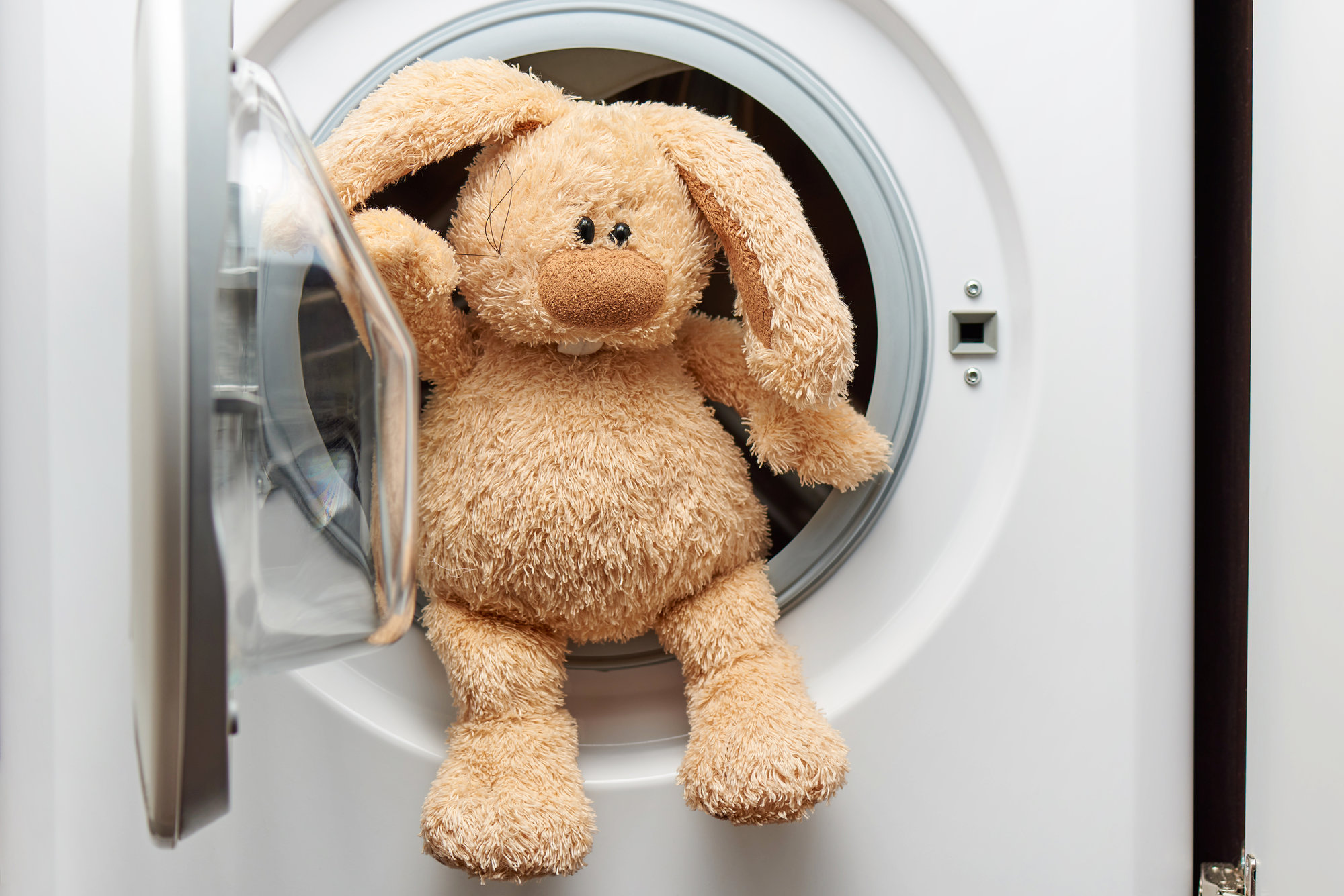 bunny stuffed toy sitting inside of washing machine